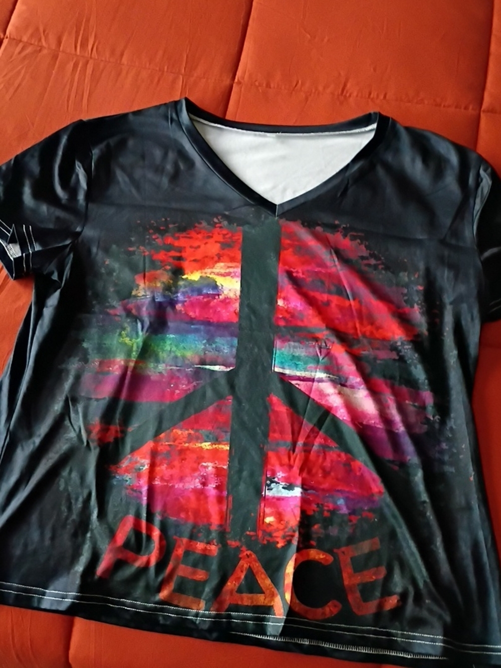 Peace Graphic V-Neck T-Shirt - Black with Multicolor Print